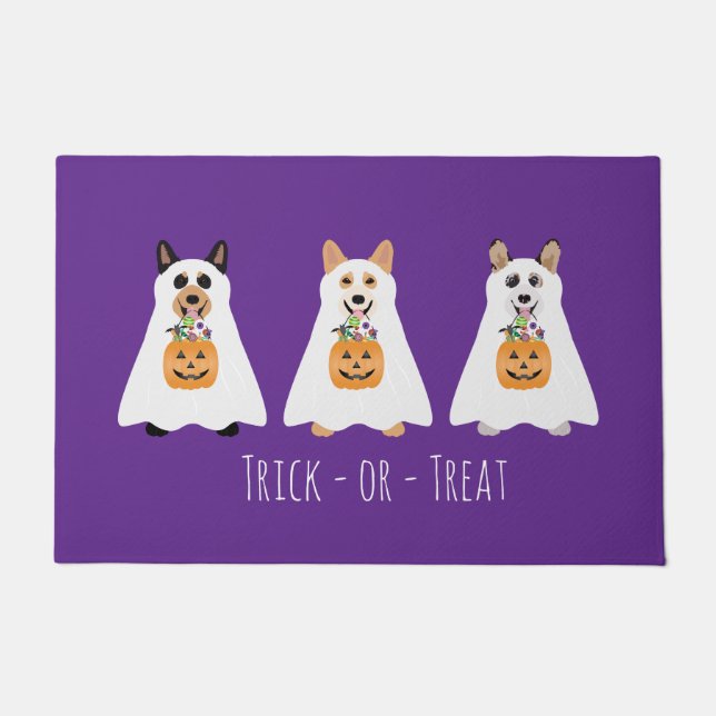 Trick Or Treat Corgi Ghost Dogs Halloween Doormat (Front)