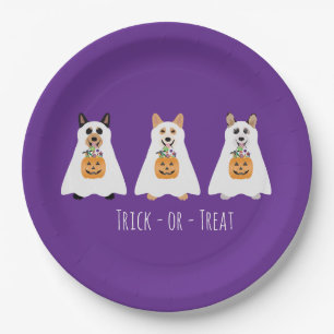 Trick Or Treat Corgi Ghost Dogs Halloween Paper Plate