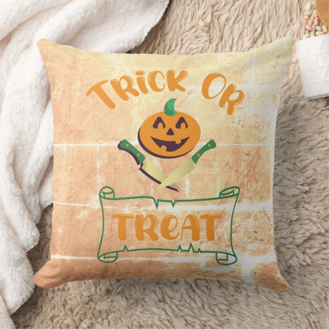 Trick or treat crossbones Halloween pumpkin face Cushion (Blanket)
