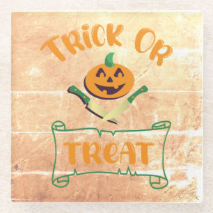 Trick or treat crossbones Halloween pumpkin face Glass Coaster