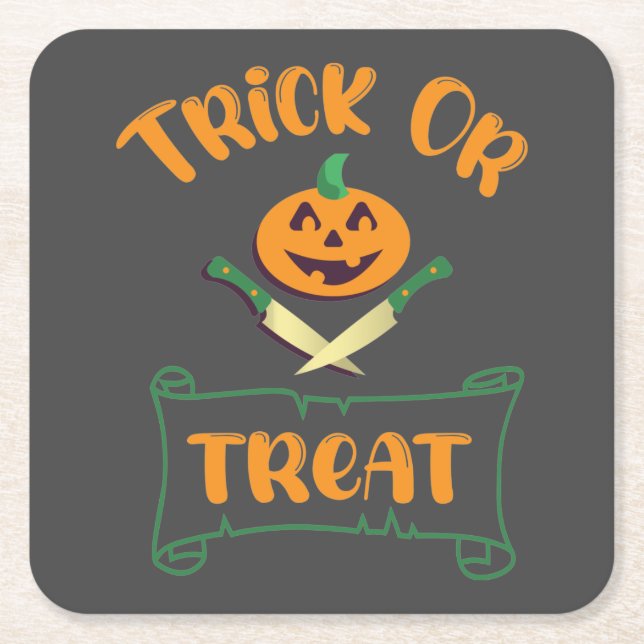 Trick or treat crossbones Halloween pumpkin face Square Paper Coaster (Front)