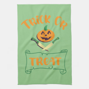 Trick or treat crossbones Halloween pumpkin face Tea Towel