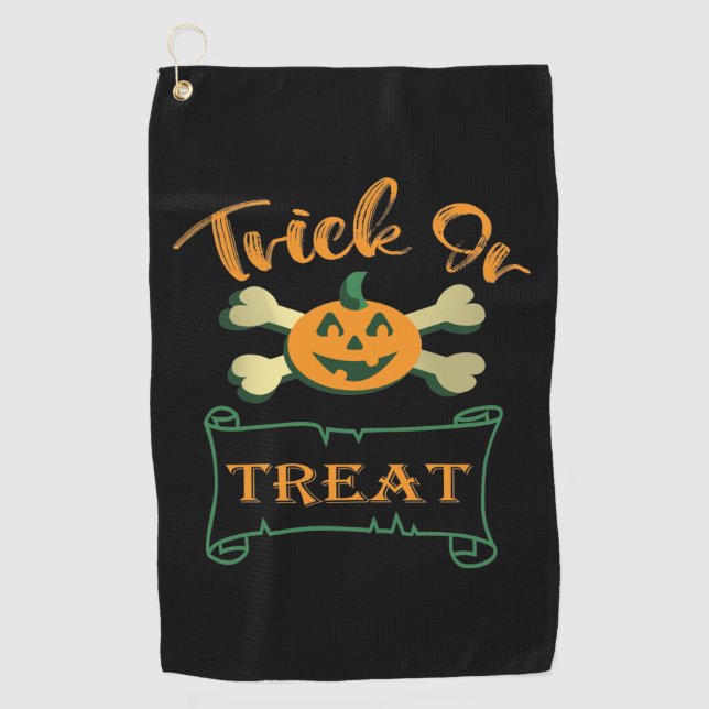 Trick or treat crossbones Halloween pumpkin  Golf Towel (Front)