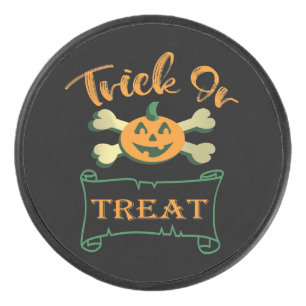 Trick or treat crossbones Halloween pumpkin Hockey Puck