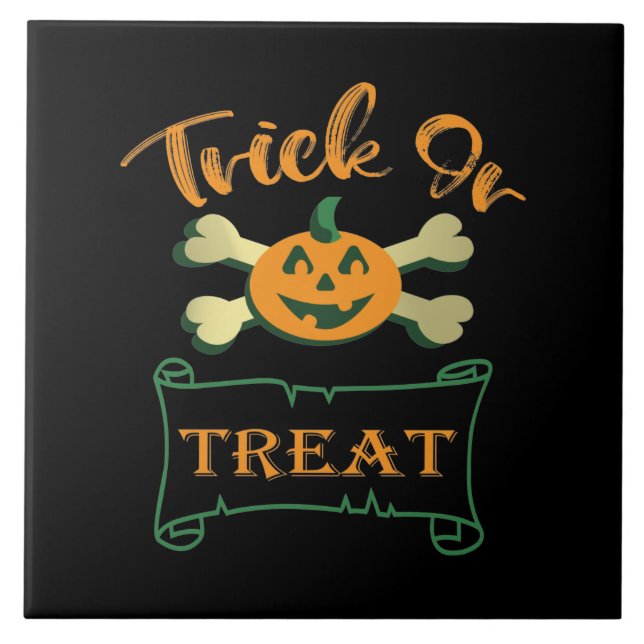 Trick or treat crossbones Halloween pumpkin  Tile (Front)