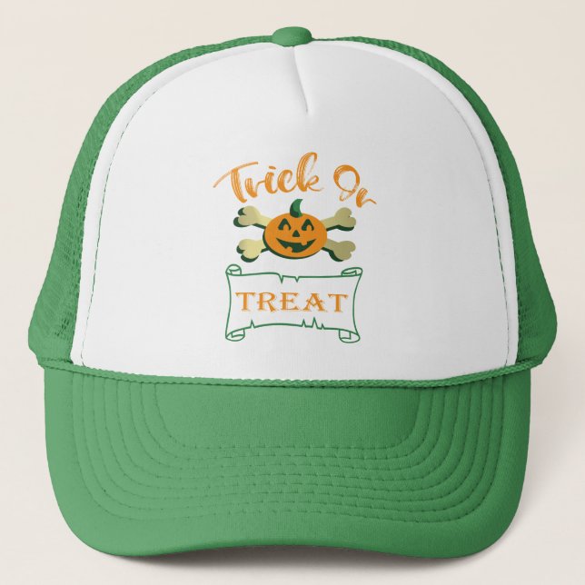 Trick or treat crossbones Halloween pumpkin  Trucker Hat (Front)