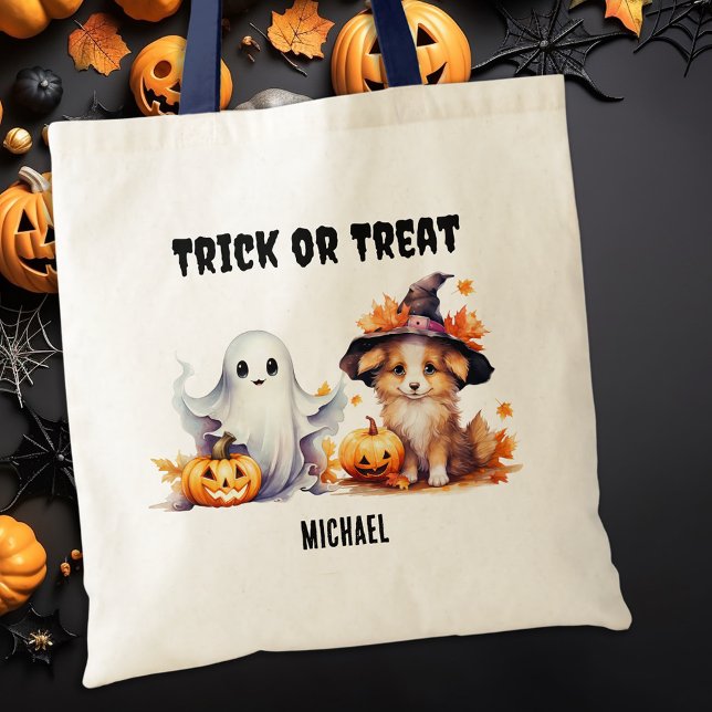 Trick Or Treat Custom Ghost Puppy Halloween Candy Tote Bag (Creator Uploaded)
