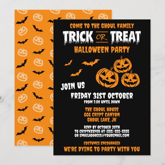 Trick or Treat Customisable Party Invitation B (Front/Back)
