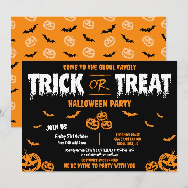 Trick or Treat Customisable Party Invitation C (Front/Back)