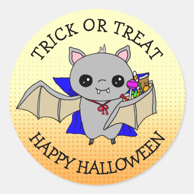 Trick or Treat Cute Bat Holding Halloween Candy Classic Round Sticker (Front)
