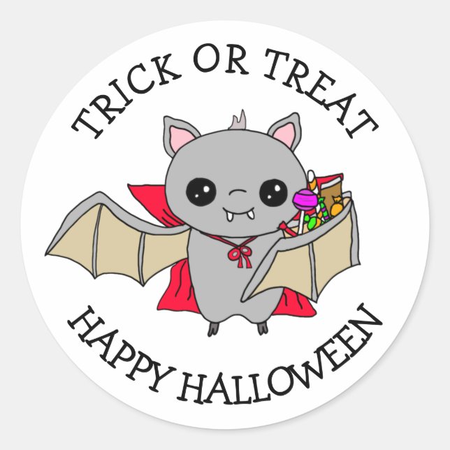 Trick or Treat Cute Bat Holding Halloween Candy Classic Round Sticker (Front)