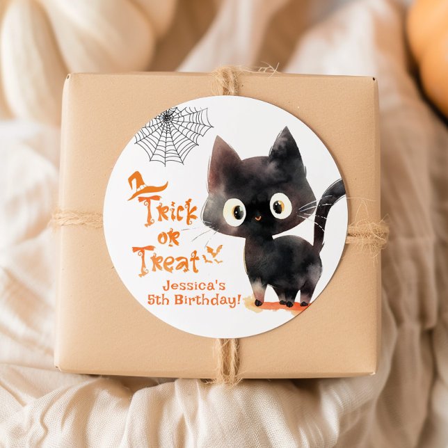 Trick or Treat Cute black cat Halloween party Classic Round Sticker (Creator Uploaded)