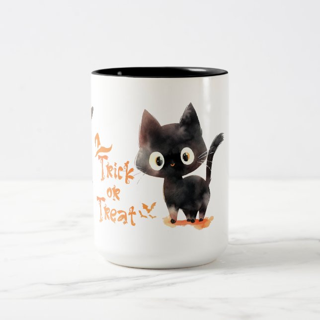 Trick or Treat Cute black cat Halloween Two-Tone Coffee Mug (Center)