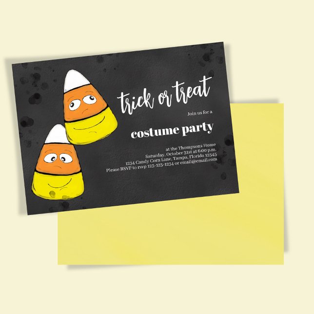 Trick Or Treat Cute Candy Corn Halloween Party Invitation (Trick or treat Halloween costume party invitation with cute candy corn. )