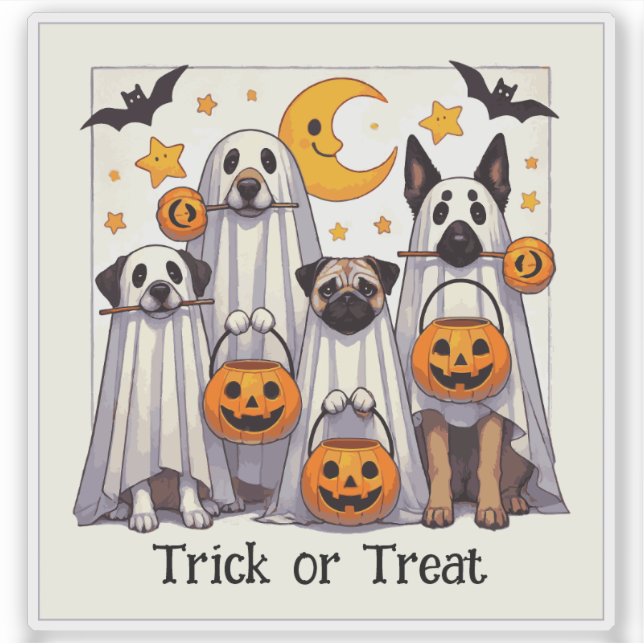 Trick or Treat Cute Dogs in Ghost Costumes (Front)