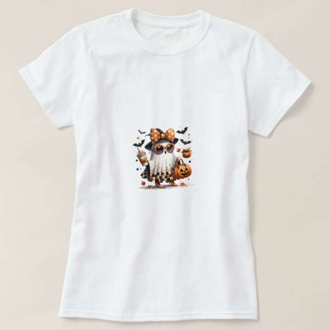 "Trick or Treat Cute Ghost T-Shirt, Kawaii Hallowe T-Shirt (Design Front)