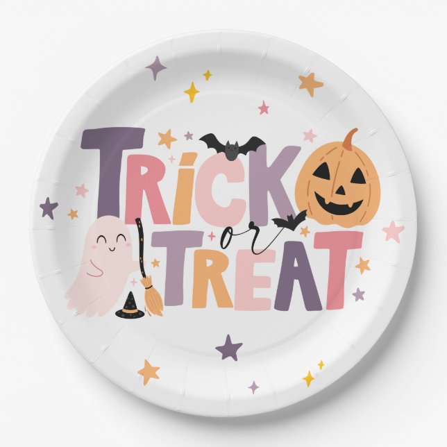 Trick or Treat Cute Halloween Balloon Decor Paper Plate (Front)