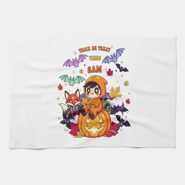 Trick or Treat Cute Halloween Tea Towel (Horizontal)