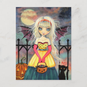 Trick or Treat Cute Halloween Vampire and Cat Postcard