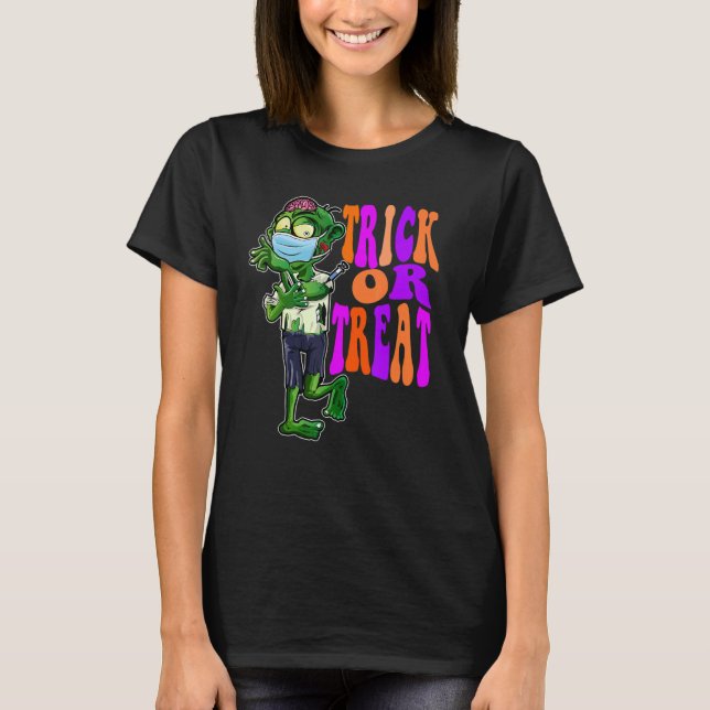 Trick or Treat  Cute Halloween Zombie with Mask T-Shirt (Front)