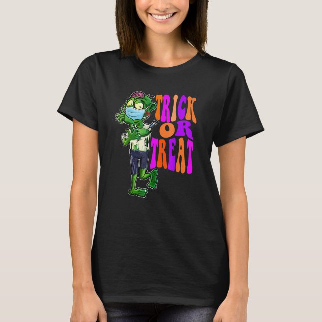 Trick Or Treat  Cute Halloween Zombie With Mask T-Shirt (Front)