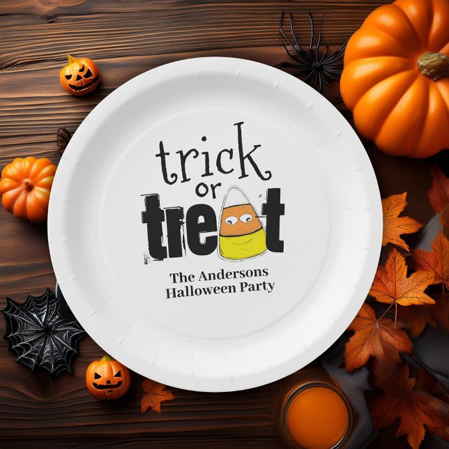 Trick or Treat Cute Personalised Halloween Paper Plate (Cute whimsical Halloween trick or treat custom party paper plage. )