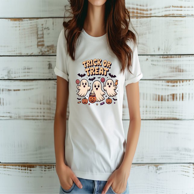 Trick or Treat Cute Retro Ghost Halloween T-Shirt (Creator Uploaded)