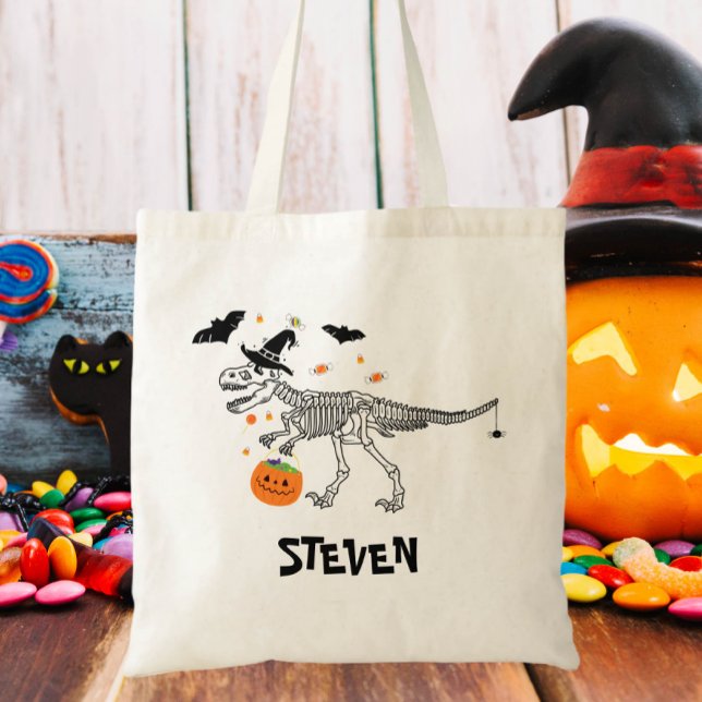 Trick or Treat Dinosaur with Witch Hat Halloween  Tote Bag (Creator Uploaded)