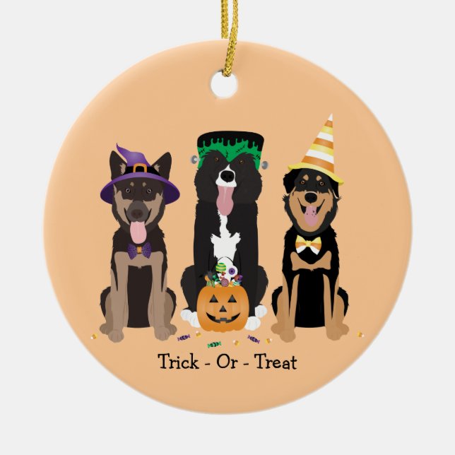 Trick Or Treat Dogs In Halloween Costumes Ceramic Tree Decoration (Front)