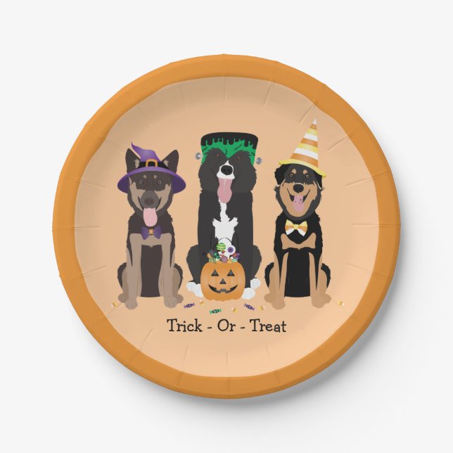 Trick Or Treat Dogs In Halloween Costumes Paper Plate (Front)