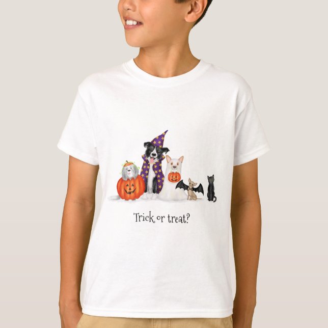 Trick or treat? Dogs in Halloween costumes T-shirt (Front)