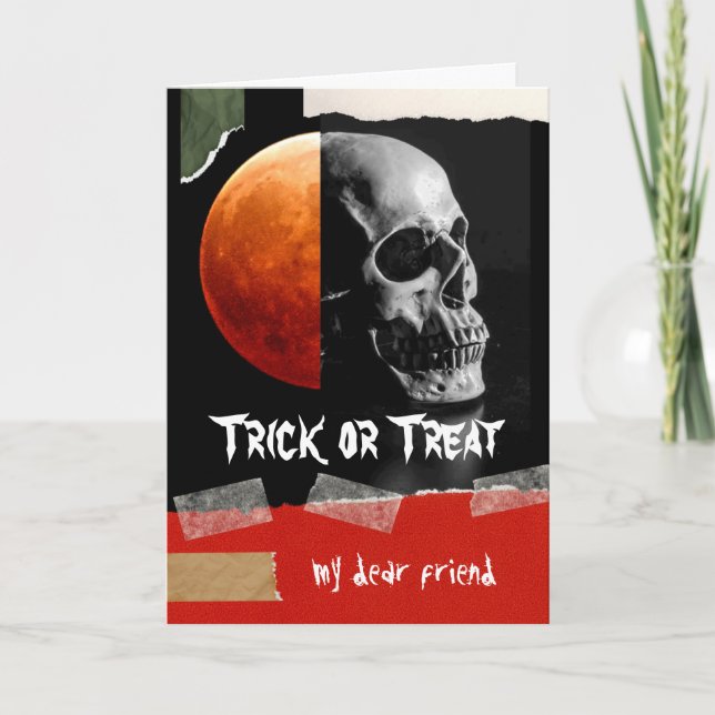 Trick or Treat for Friend Halloween Skull Card (Front)
