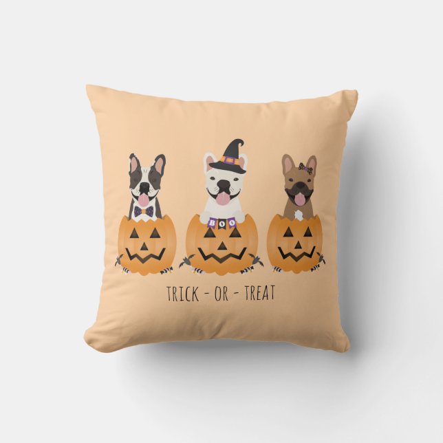 Trick Or Treat French Bulldogs Pumpkin Cushion (Front)