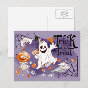 Trick or Treat. Fun Ghost, Pumpkin Girl Halloween Postcard
