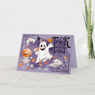 Trick or Treat. Fun Ghost, Pumpkin Girl, Raven Card