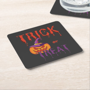 Trick or Treat Funny Halloween Pumpkin Square Paper Coaster