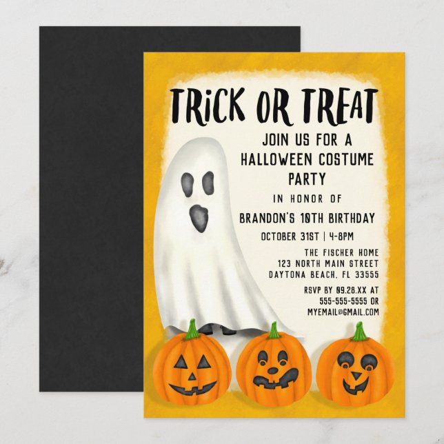 Trick or Treat Ghost Halloween Costume Birthday Invitation (Front/Back)