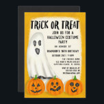 Trick or Treat Ghost Halloween Costume Birthday Invitation<br><div class="desc">This cool and modern Halloween costume birthday party invitation is perfect for your son's or daughter's special day. It features hand-drawn illustrations of a ghost and three jack o'lantern pumpkins on top of an abstract white and orange background. It's fun, playful, cute, unique, and spooky. Enjoy this design with hand-drawn...</div>