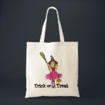 Trick or Treat girls Halloween bag<br><div class="desc">Fun cute girls Halloween party trick or treat bag. Featuring cute girl dressed as a pretty witch with a pumpkin and broomstick. Uniquely designed and illustrated by Sarah Trett.</div>