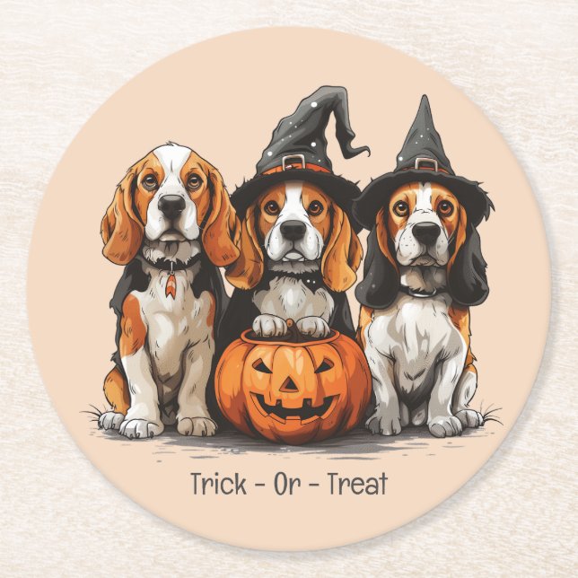 Trick Or Treat Halloween Beagle Dogs Round Paper Coaster (Front)