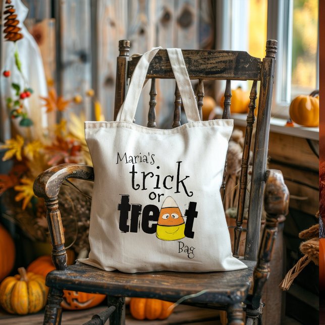 Trick or Treat Halloween Candy Corn Custom Tote Bag (Halloween trick or treat bag with whimsical candy corn)