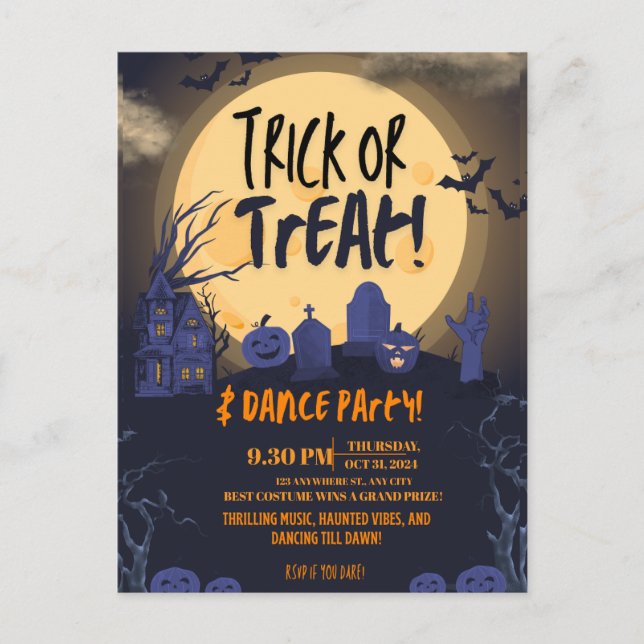 Trick or Treat Halloween Dance Party Invitation🎃 Holiday Postcard (Front)