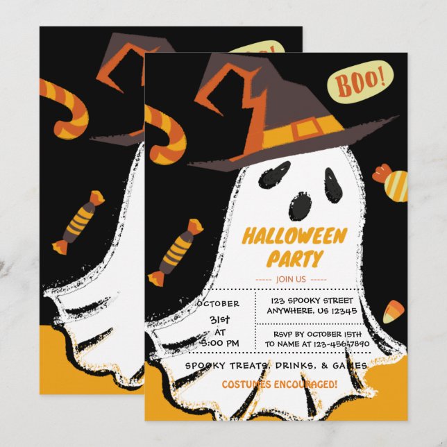 Trick or Treat, Halloween Ghost, Candy Invitation (Front/Back)