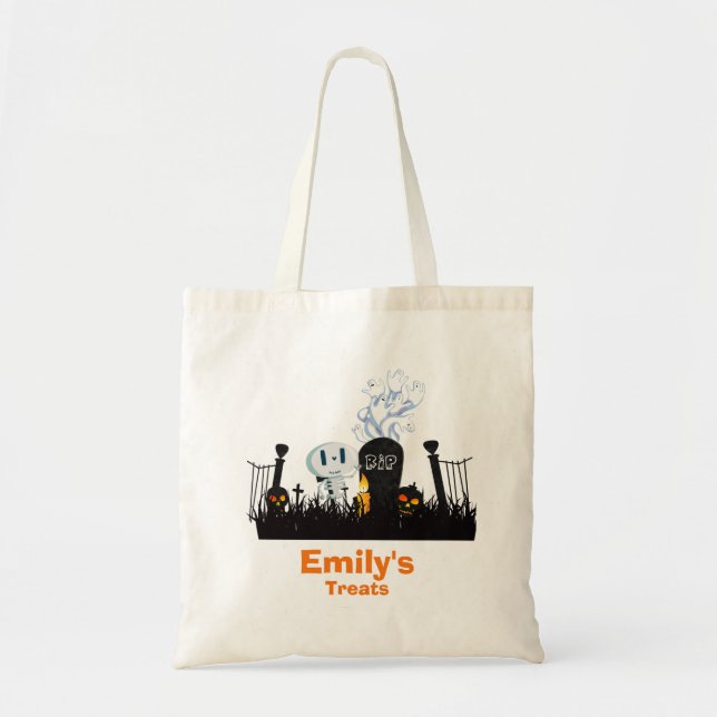 Trick or Treat Halloween Graveyard Cute Skeleton Tote Bag (Front)