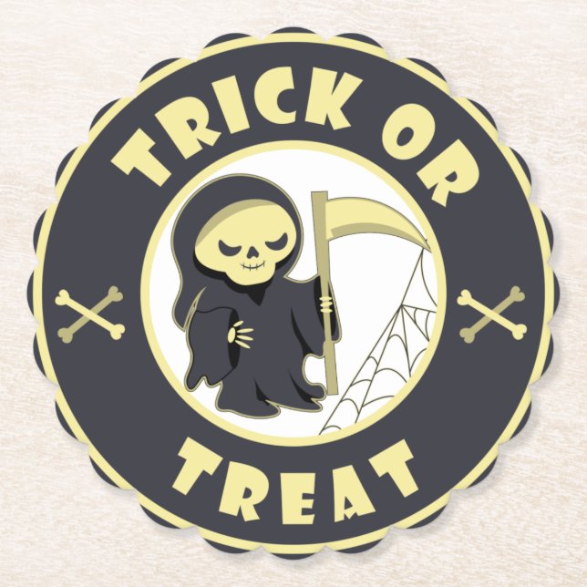 Trick or treat Halloween grim reaper character Paper Coaster (Front)