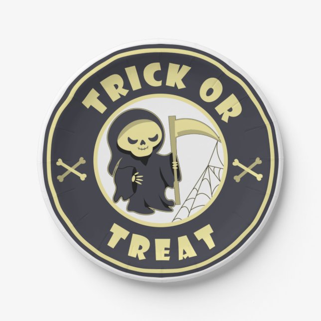 Trick or treat Halloween grim reaper character Paper Plate (Front)