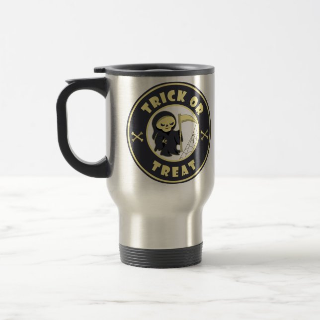 Trick or treat Halloween grim reaper character Travel Mug (Left)