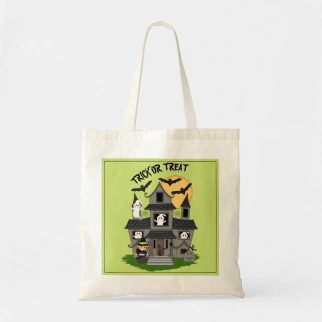 Trick or treat Halloween haunted house and witch Tote Bag (Front)