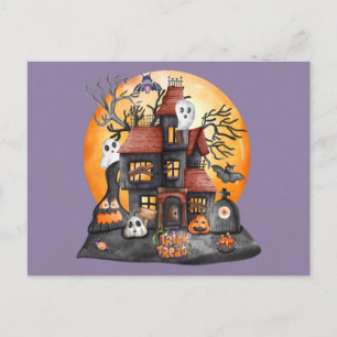 Trick or Treat Halloween Haunted House Gathering Holiday Postcard