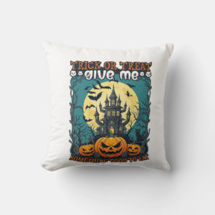Trick Or Treat Halloween Haunted House Pumpkins Mo Cushion